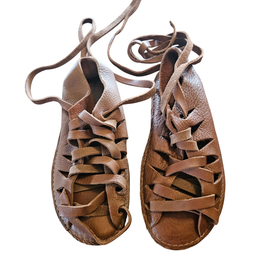 Handmade Brown Leather Gladiator Sandals Lace Up Flat Shoes Boho Festival Sz 9